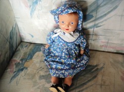 19'' 30S MOLDED HAIR MAMA DOLL ORIGINAL BLUE DRESS BONNET SHOES